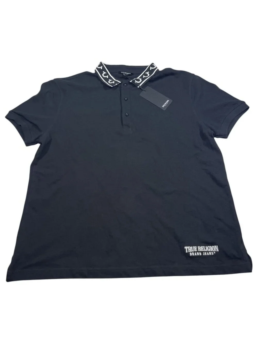 True Religion Mens Black Branded Collar Polo Shirt Short Sleeve Size XL NWT
